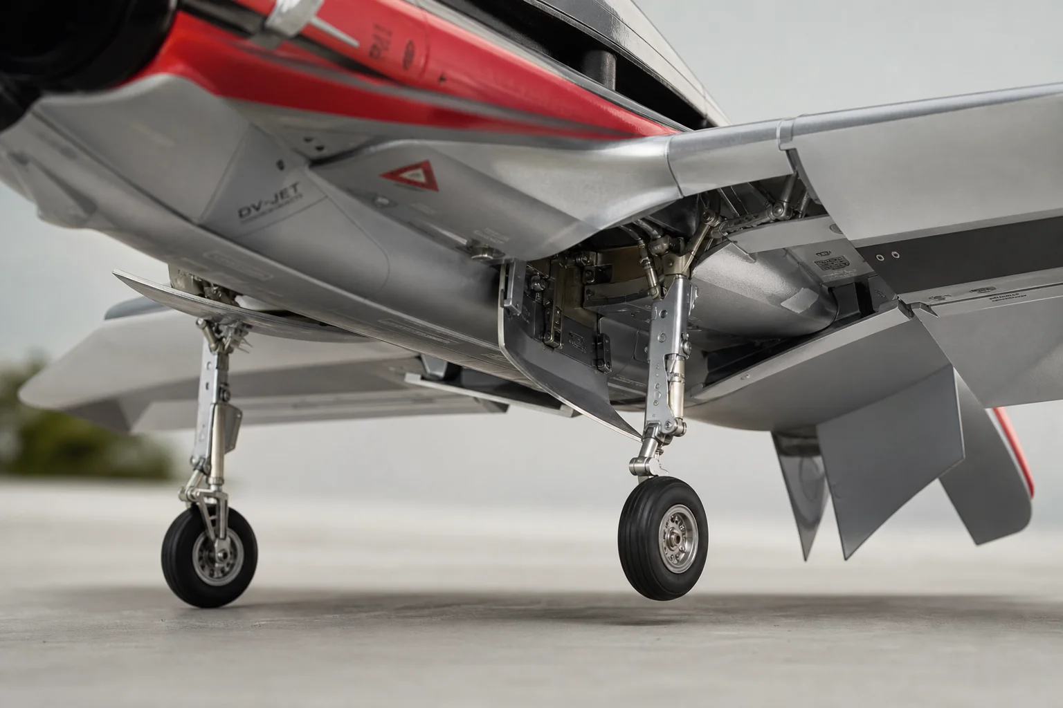Close-up of RC jet landing gear and flap mechanism