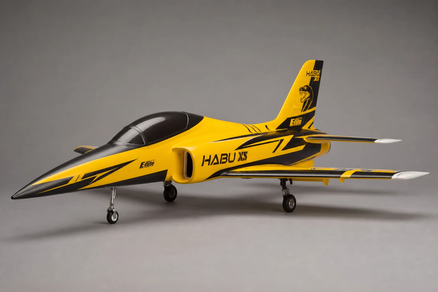 E-flite Habu XS 80mm EDF jet in yellow and black on grey backdrop