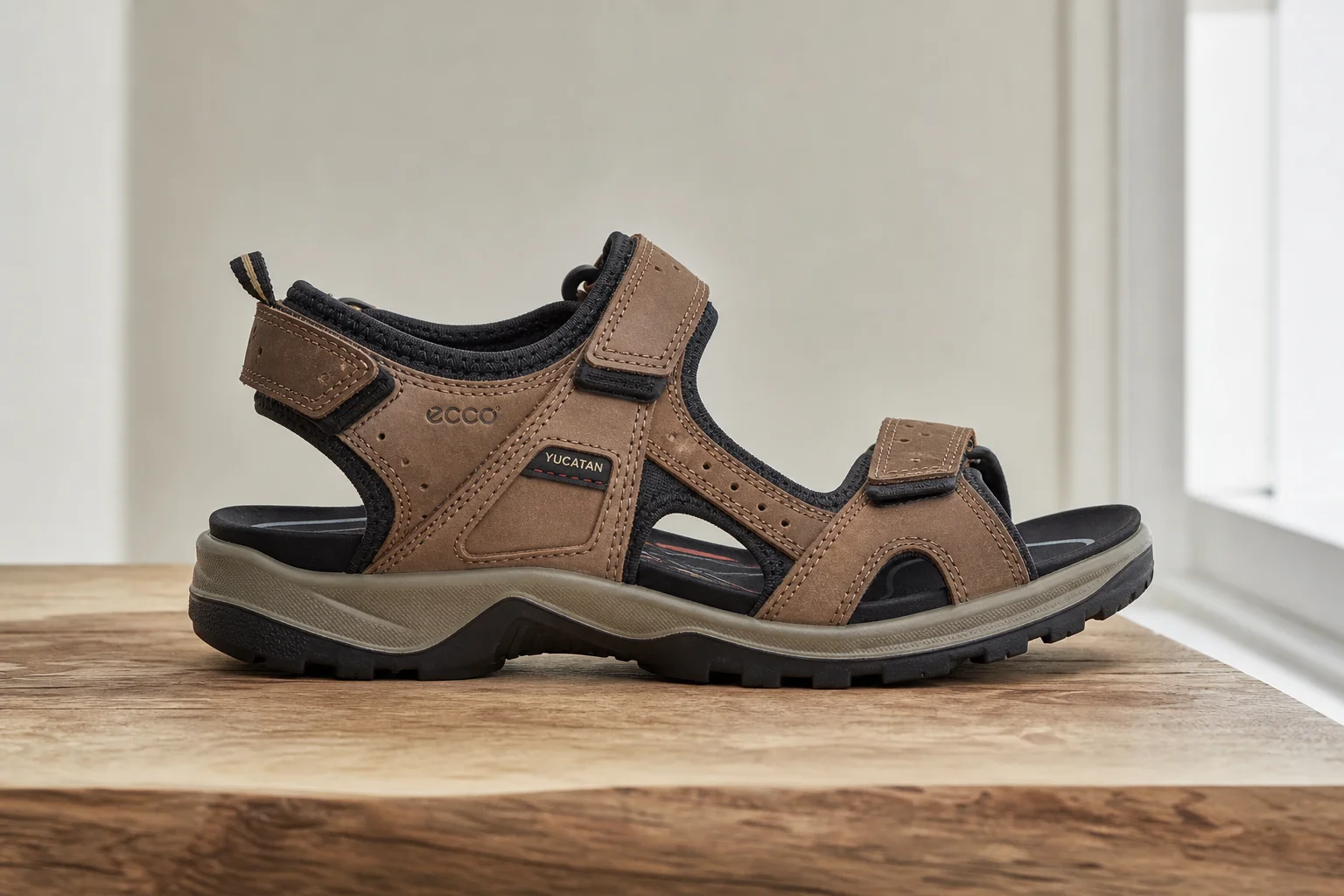 Five hiking sandals arranged on concrete surface representing different styles and protection levels