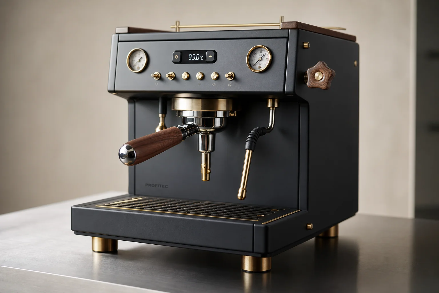 コンクリートの表面に一列に並べられた5台の家庭用Espressoマシン