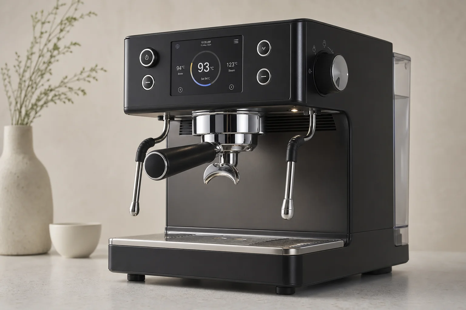 四台 Espresso 機展示於中性背景，包含 Rocket R58 Tune、ECM Estetika、ECM Discover 與 Lelit Mara X3