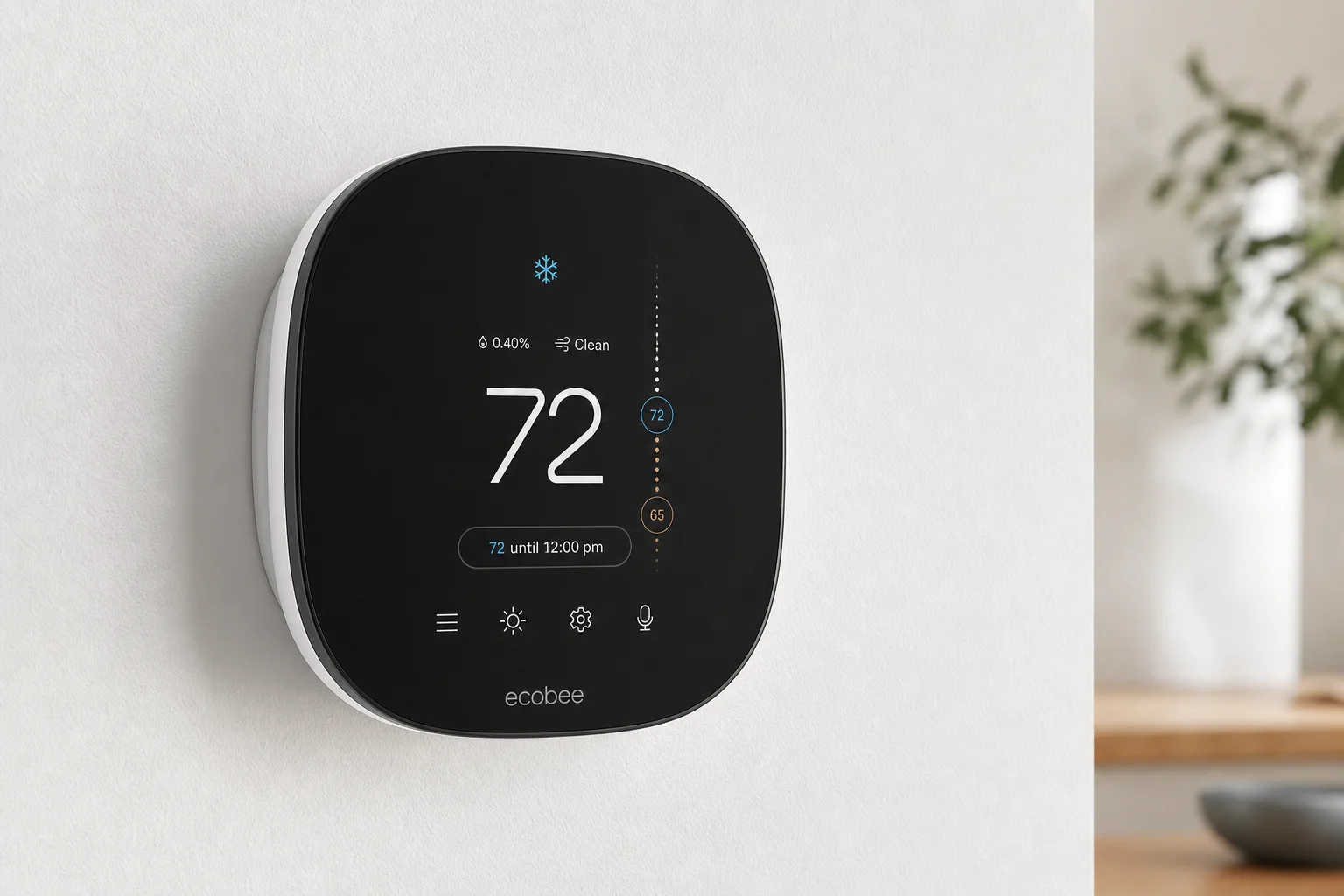 Smart home devices including hub, streaming device, thermostat, lock, and lights on a desk