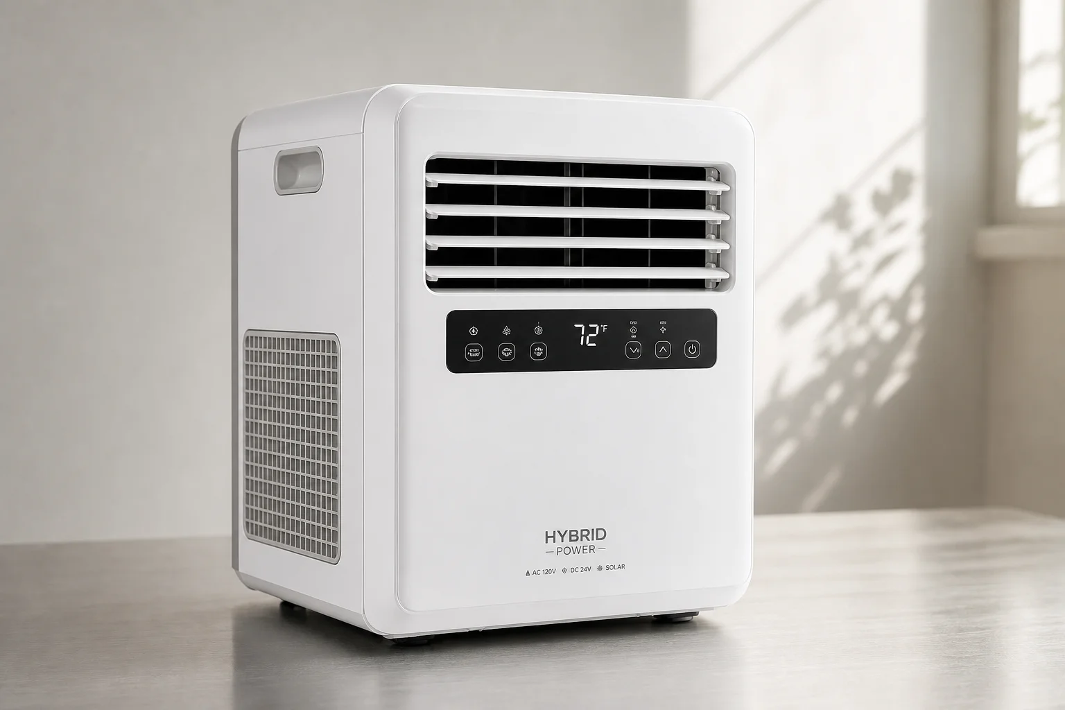 Six portable air conditioning units arranged on neutral backdrop