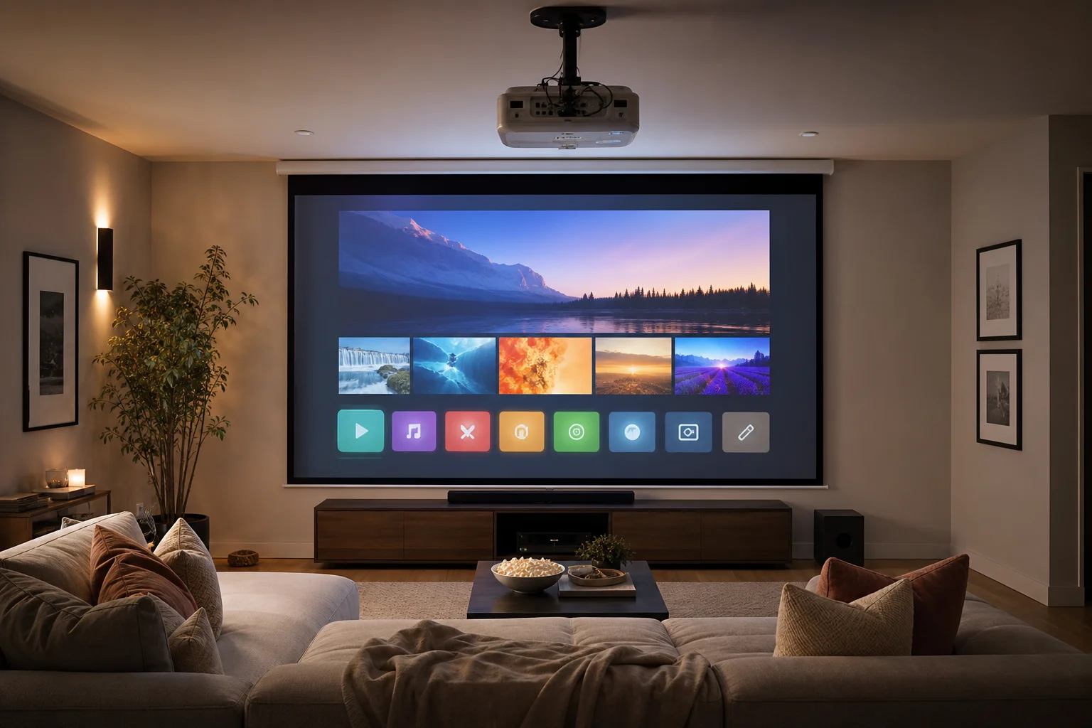 Home theater setup with projector displaying vibrant streaming content on large screen