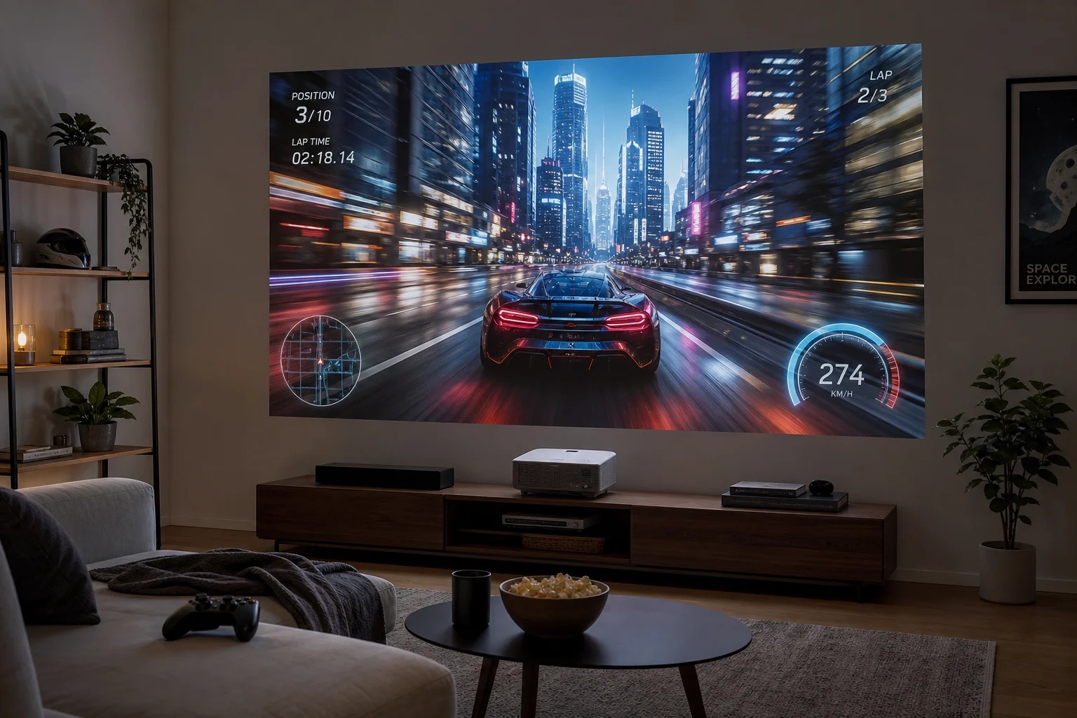 Gaming scene with projector displaying fast-paced action game with smooth motion