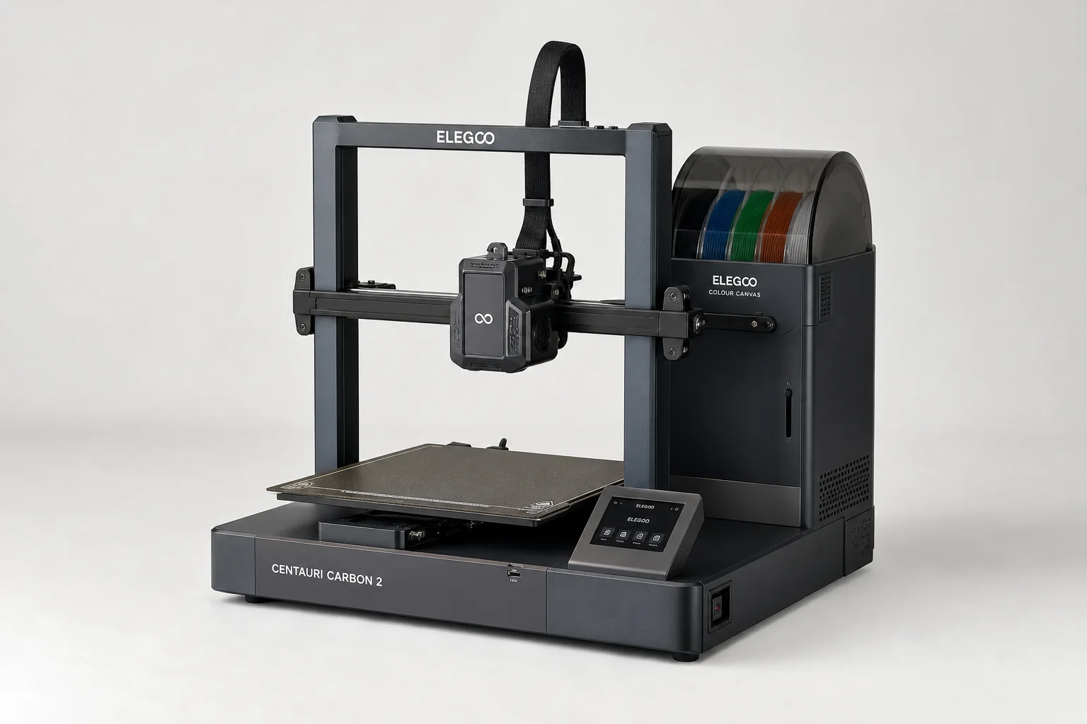 Elegoo Centauri Carbon 2 3D printer on neutral backdrop showing canvas system and heated bed