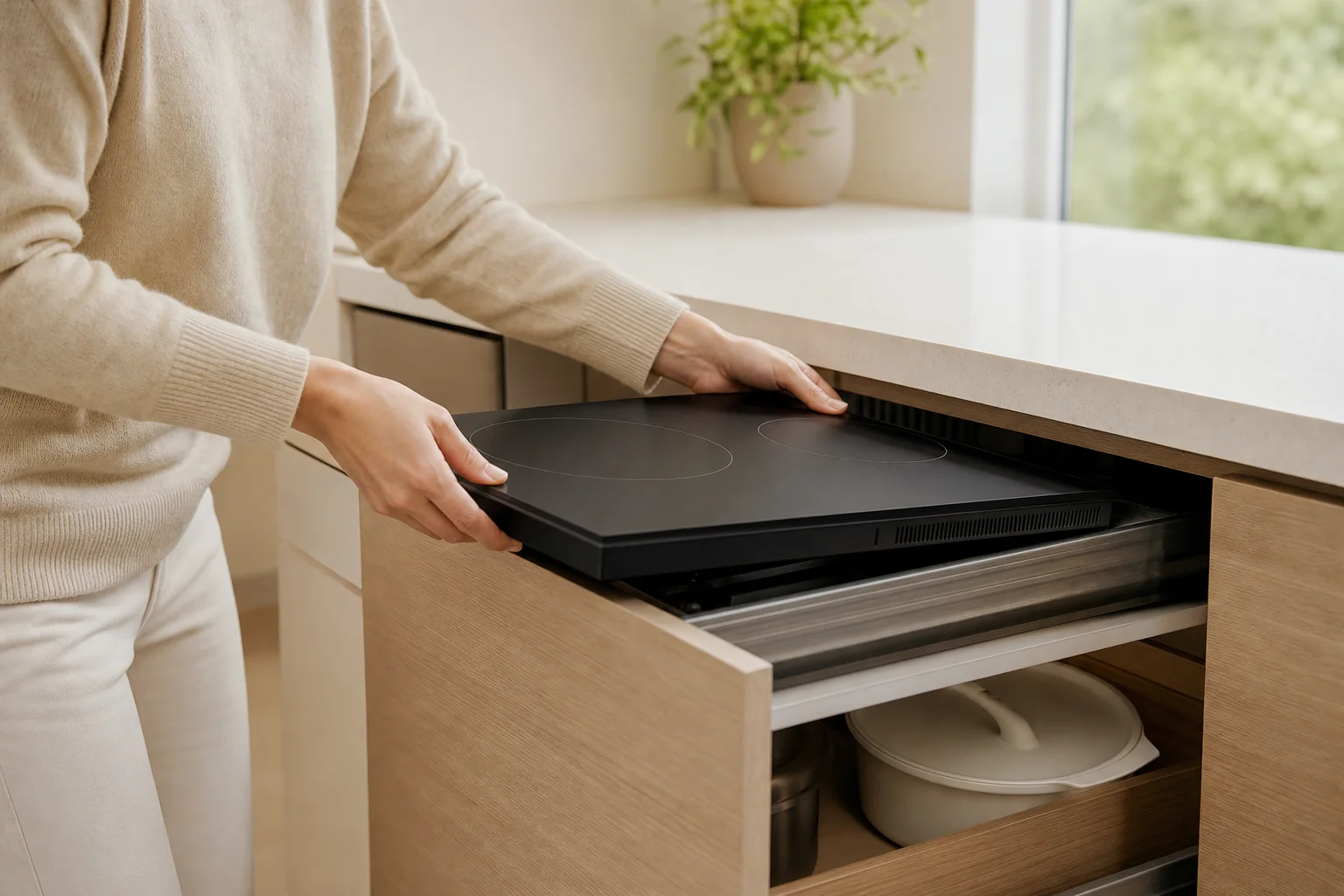 Compact induction cooktop fitting into a small apartment kitchen drawer