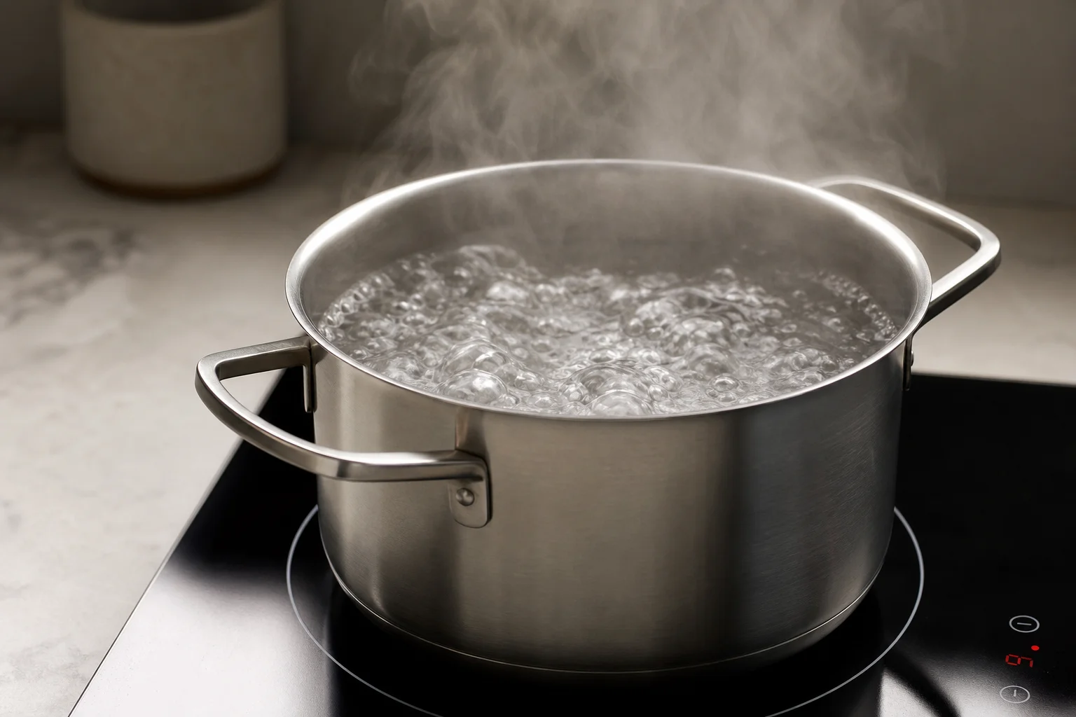 Water boiling rapidly on induction cooktop with steam rising