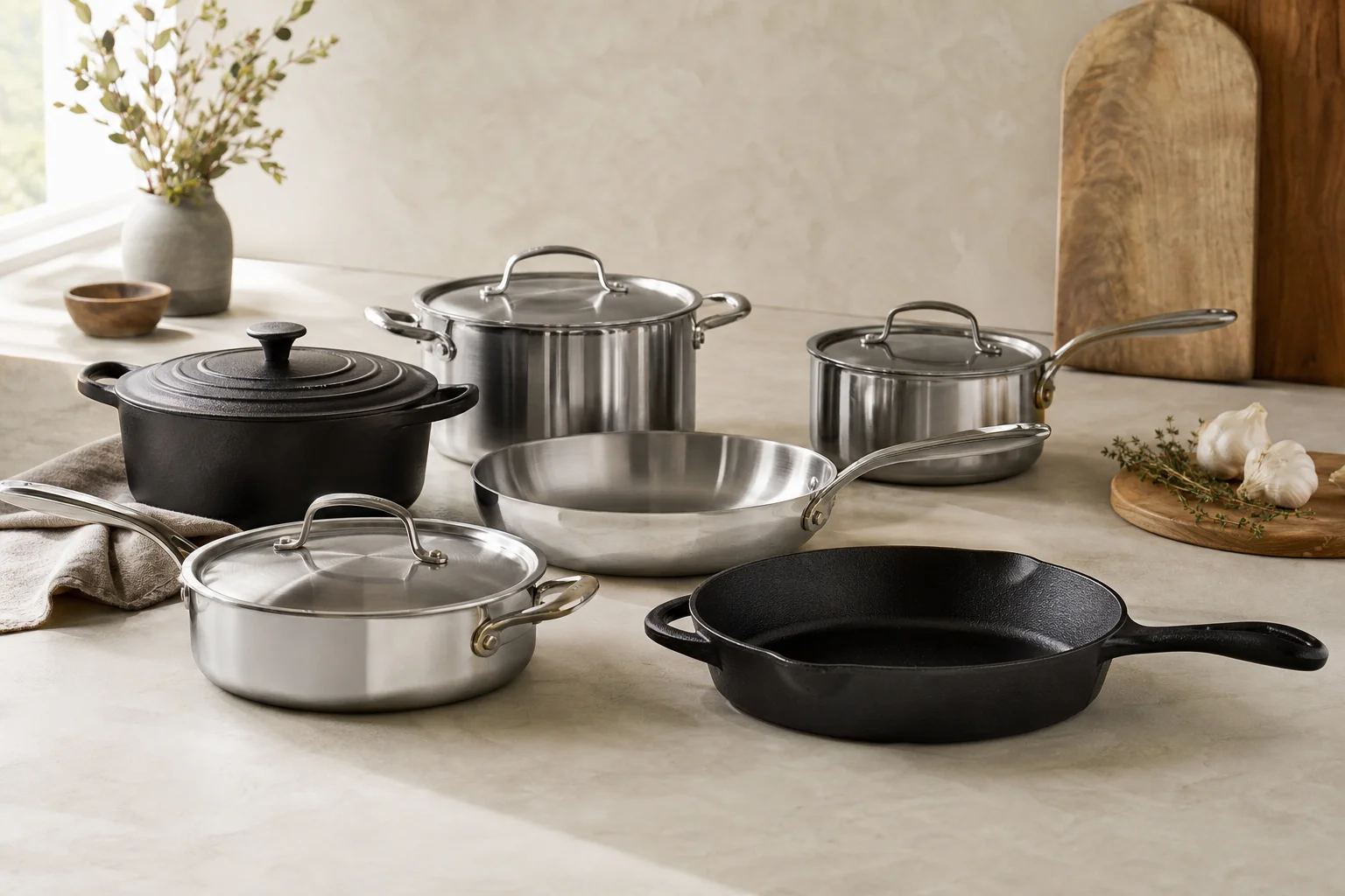 Induction-compatible cookware arranged on a kitchen counter