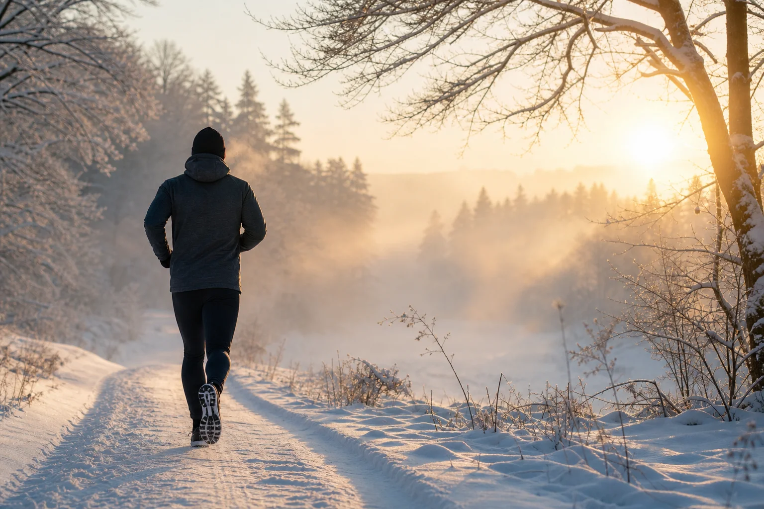 Runner in winter gear on a snowy trail at dawn