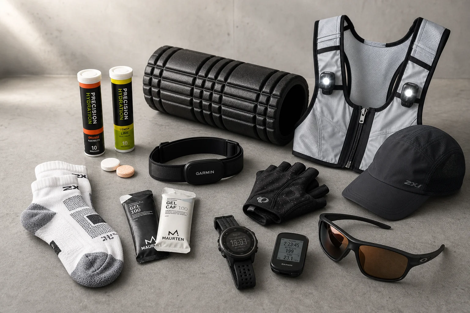 Sammlung von Geschenkartikeln für Ausdauersportler auf einer Betonoberfläche