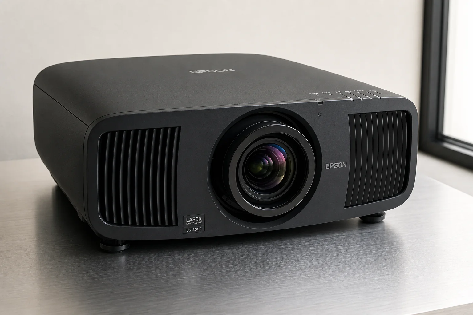 Five home theater projectors arranged by size on a concrete surface