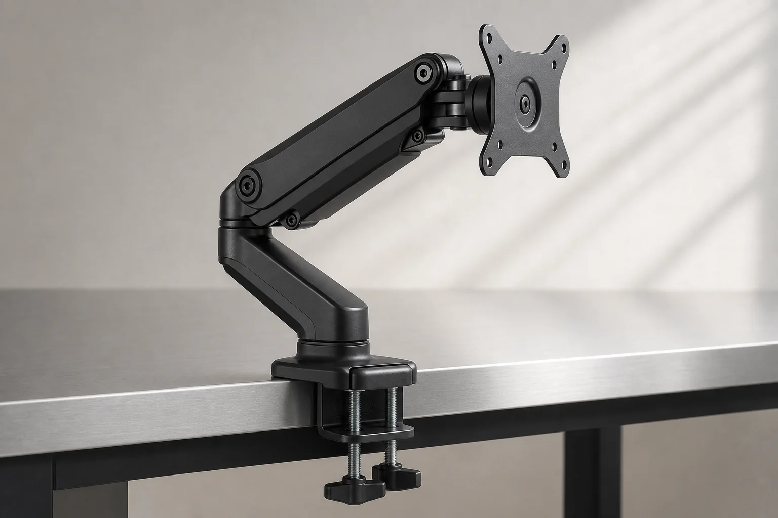 Three monitor arms from budget to premium displayed on concrete surface