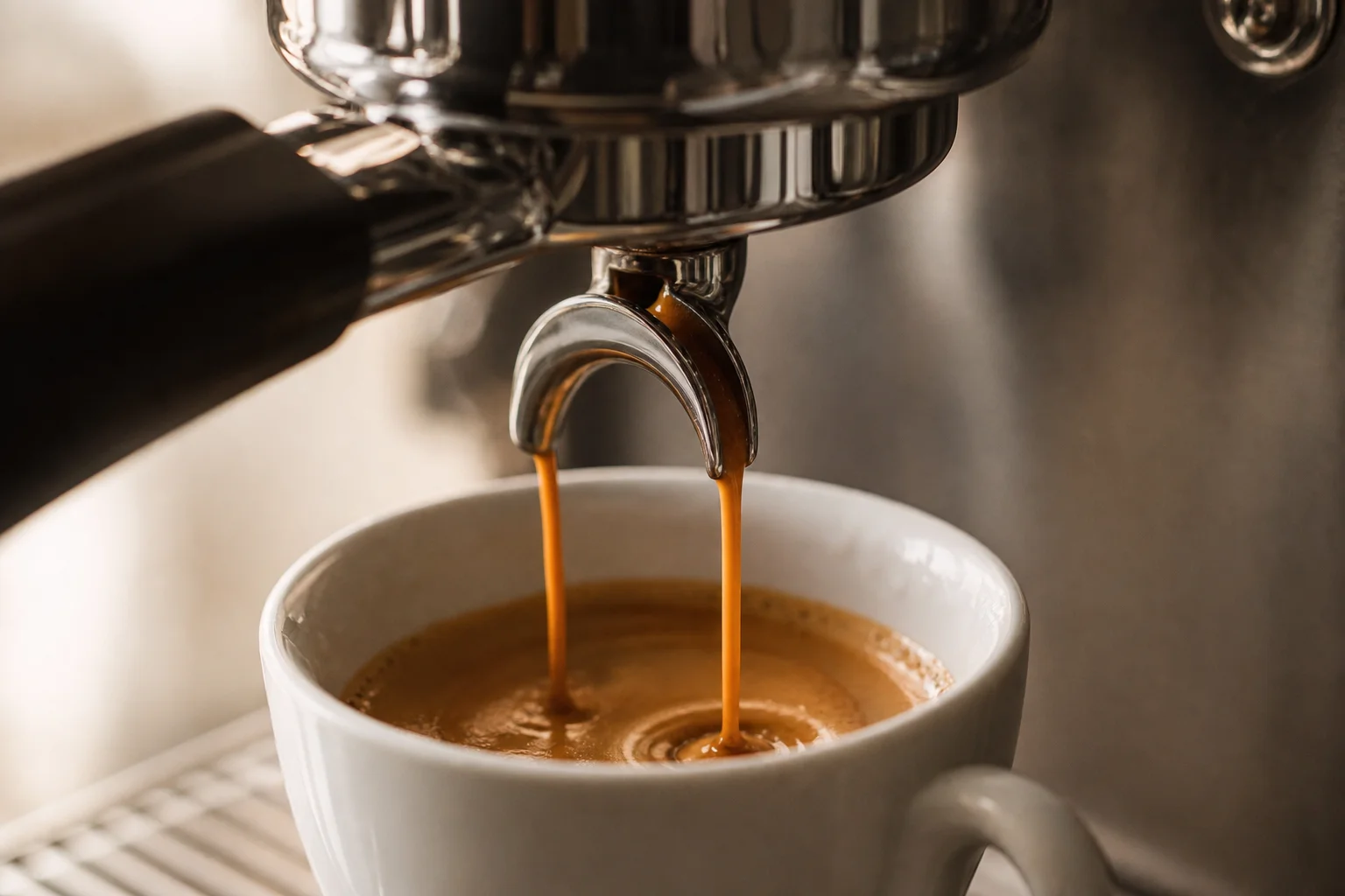 Espresso shot being pulled into a cup with visible crema