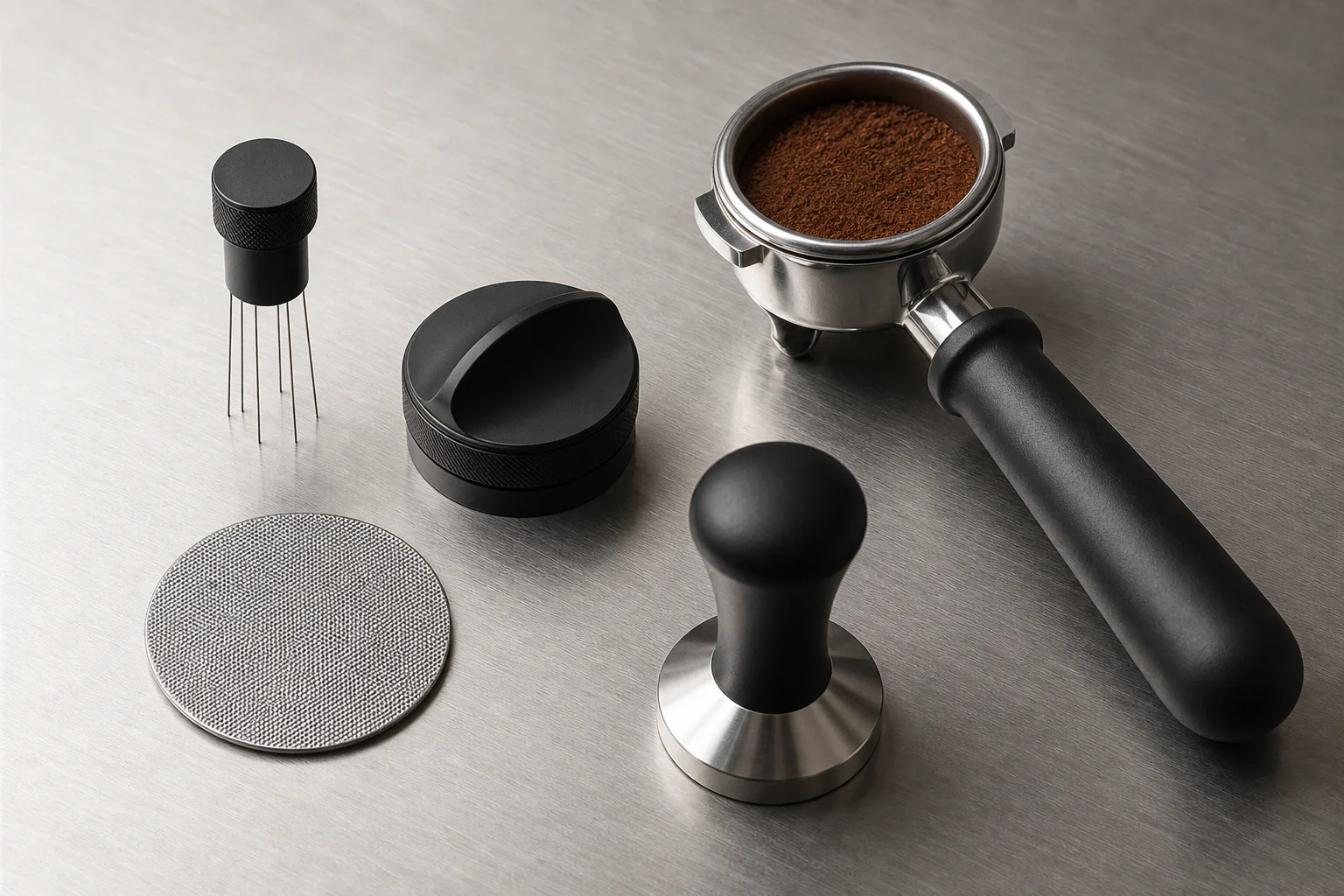 Espresso puck prep tools arranged on brushed steel surface