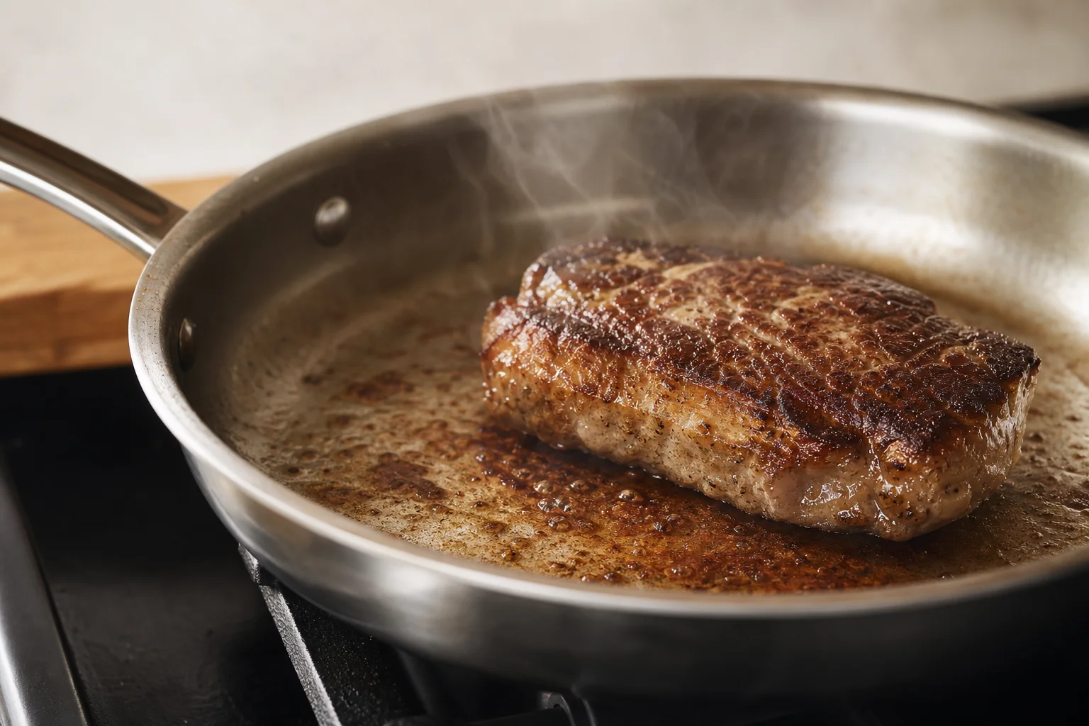 Chef searing meat in a stainless steel frying pan with visible fond