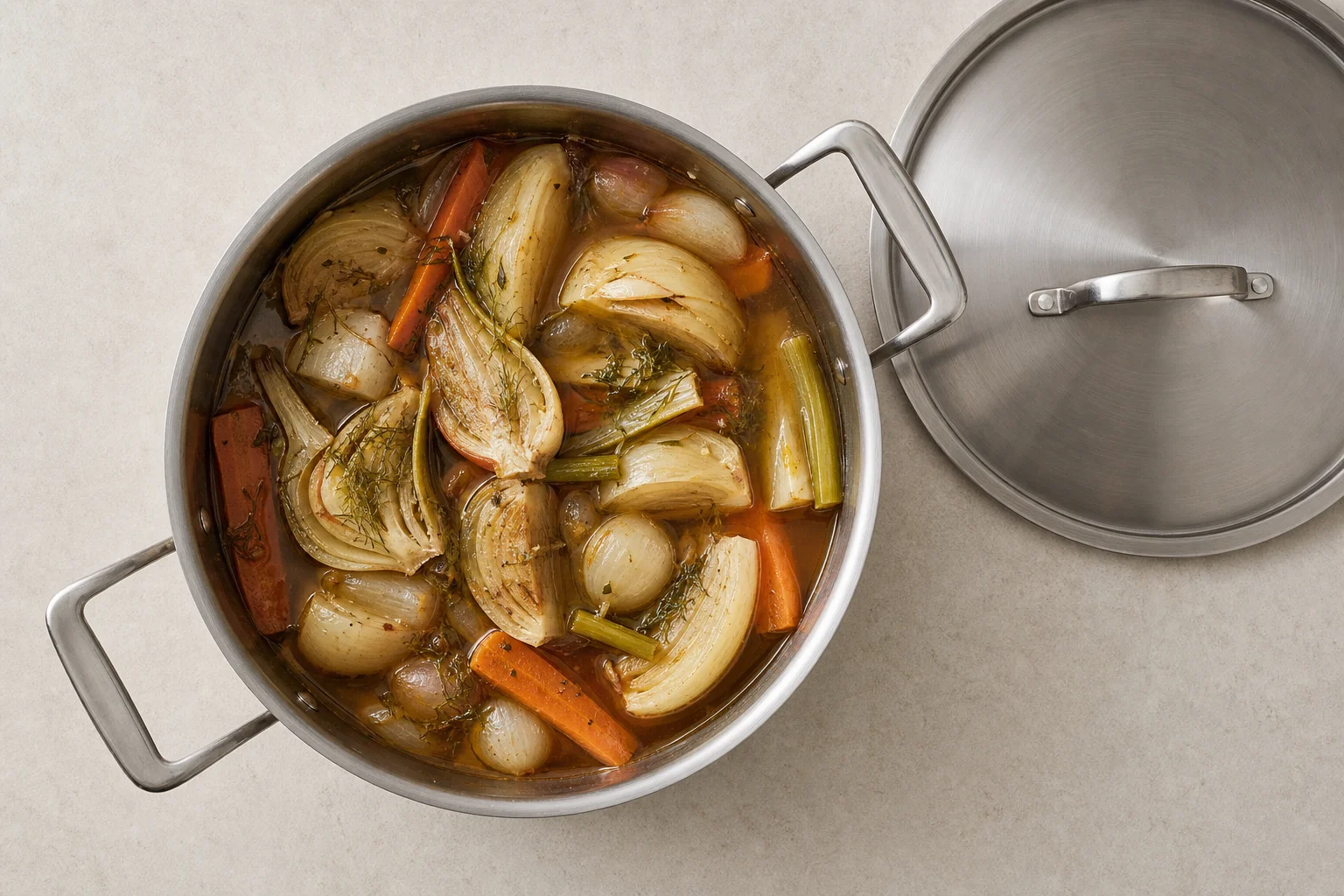 Overhead view of a saute pan filled with braised vegetables and liquid