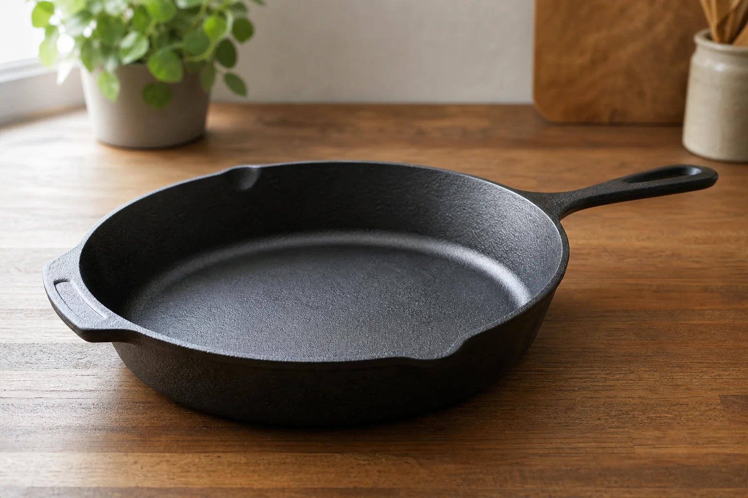 Cast iron skillet with seasoned surface on a wooden kitchen counter