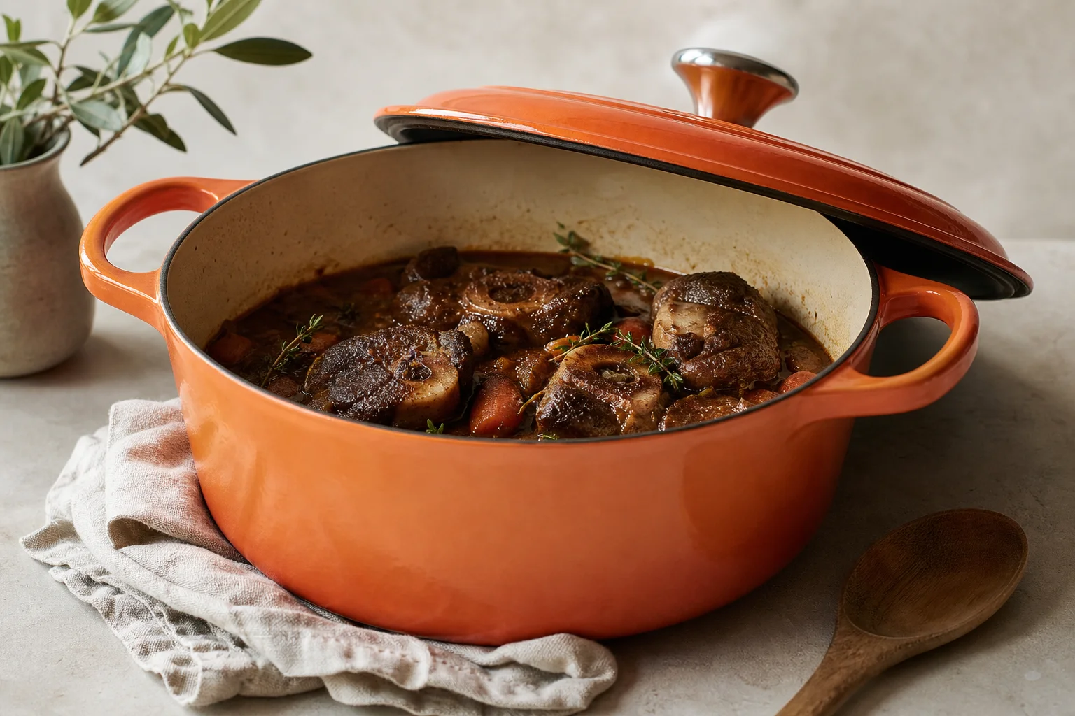 Enameled Dutch oven with lid open, showing braised meat inside