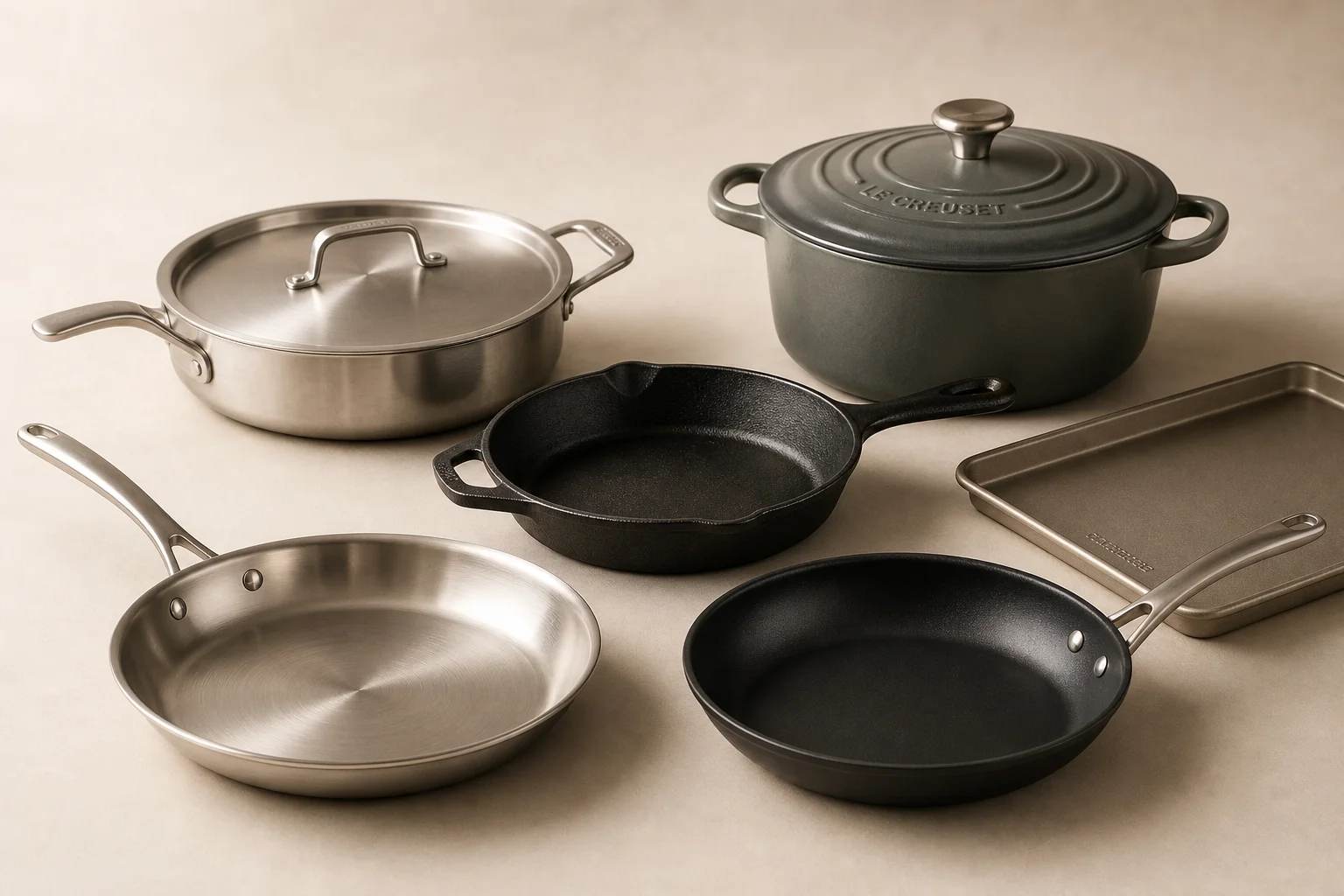 Essential cookware collection including frying pan, saute pan, cast iron skillet, non-stick pan, baking sheet, and Dutch oven