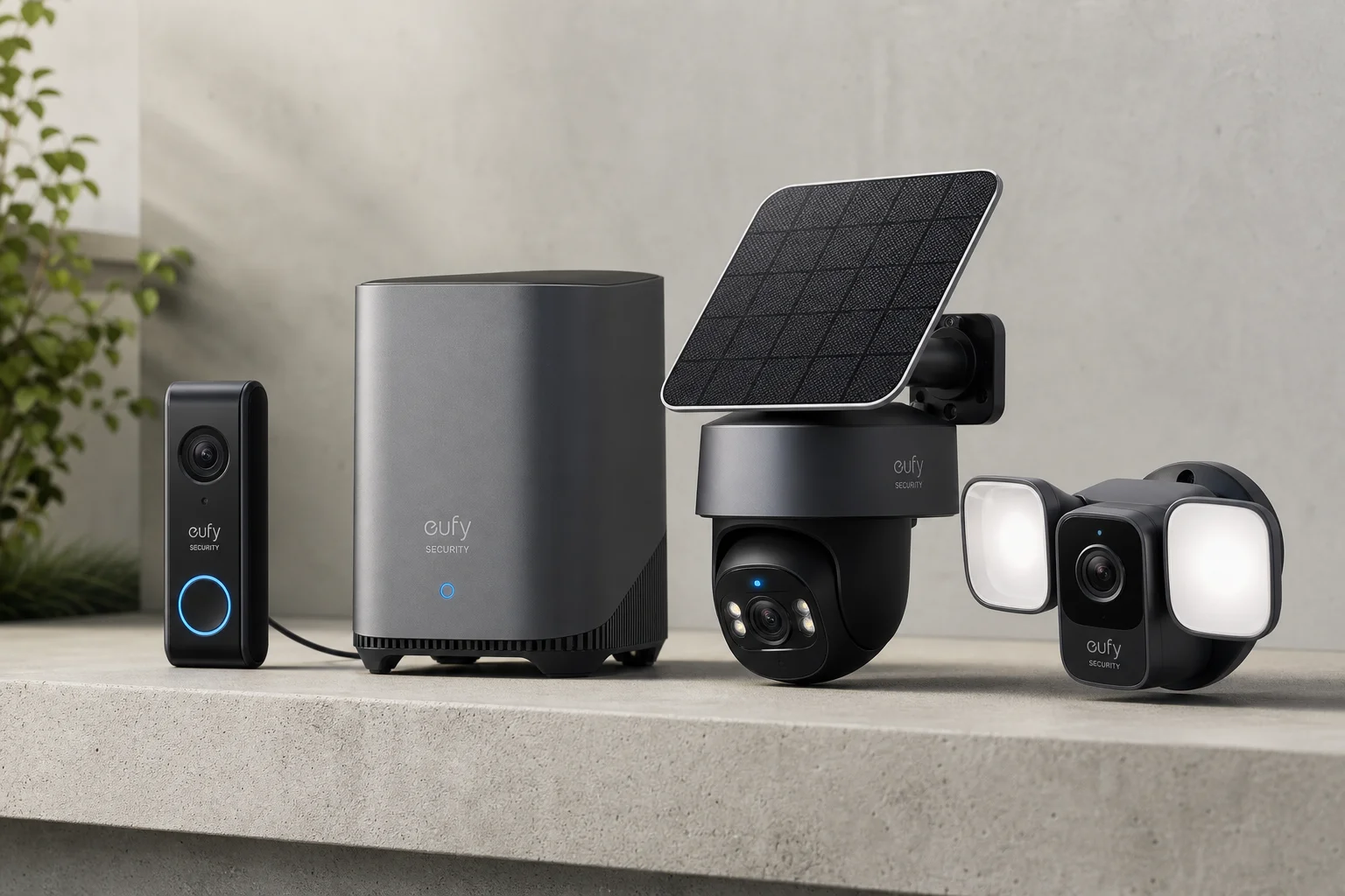 Eufy 安全監控系統設備，包含 HomeBase 3、門鈴、旋轉攝影機與放置於水泥地上的泛光燈