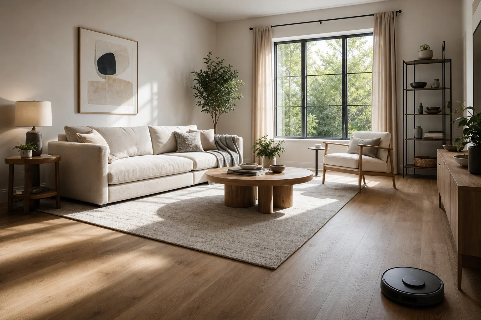 Modern living room with furniture and hardwood flooring ready for cleaning
