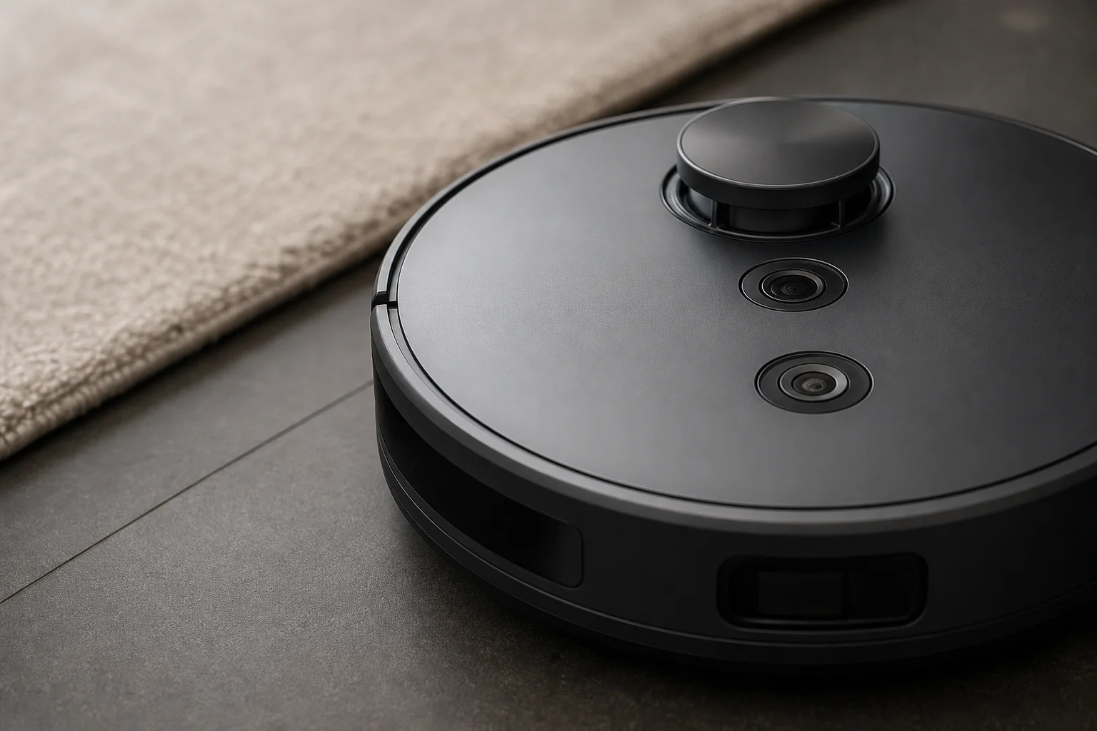 Close-up of robot vacuum sensor array and LiDAR components on floor