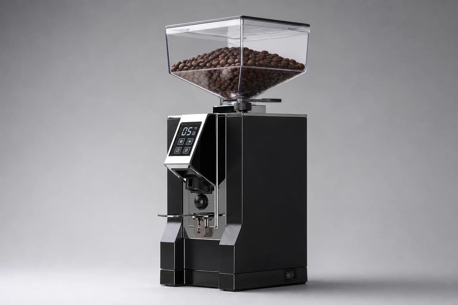 MiiCoffee DF54 Espresso 磨豆機,黑色機身搭配玻璃刻度盤,置於中性背景前