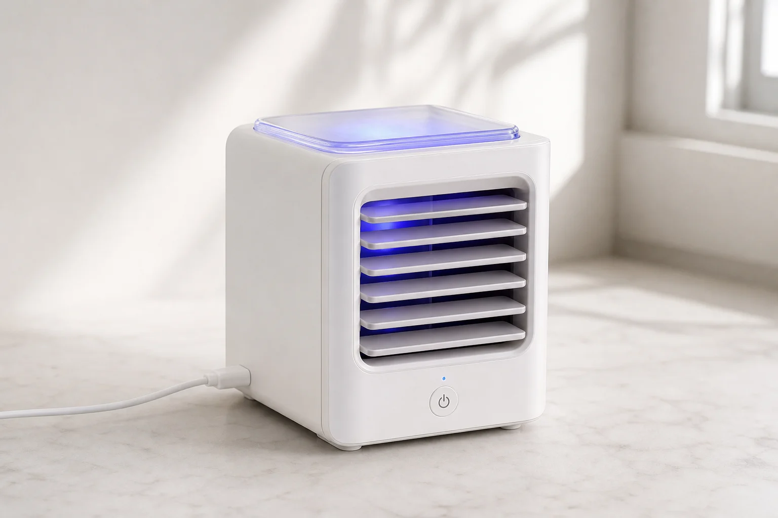 Six portable air conditioning units arranged on neutral backdrop