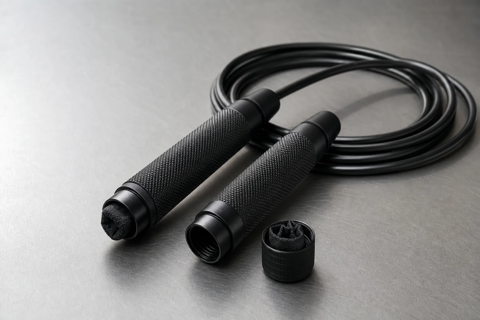 Five skipping ropes arranged on concrete surface showing different handle and cable styles