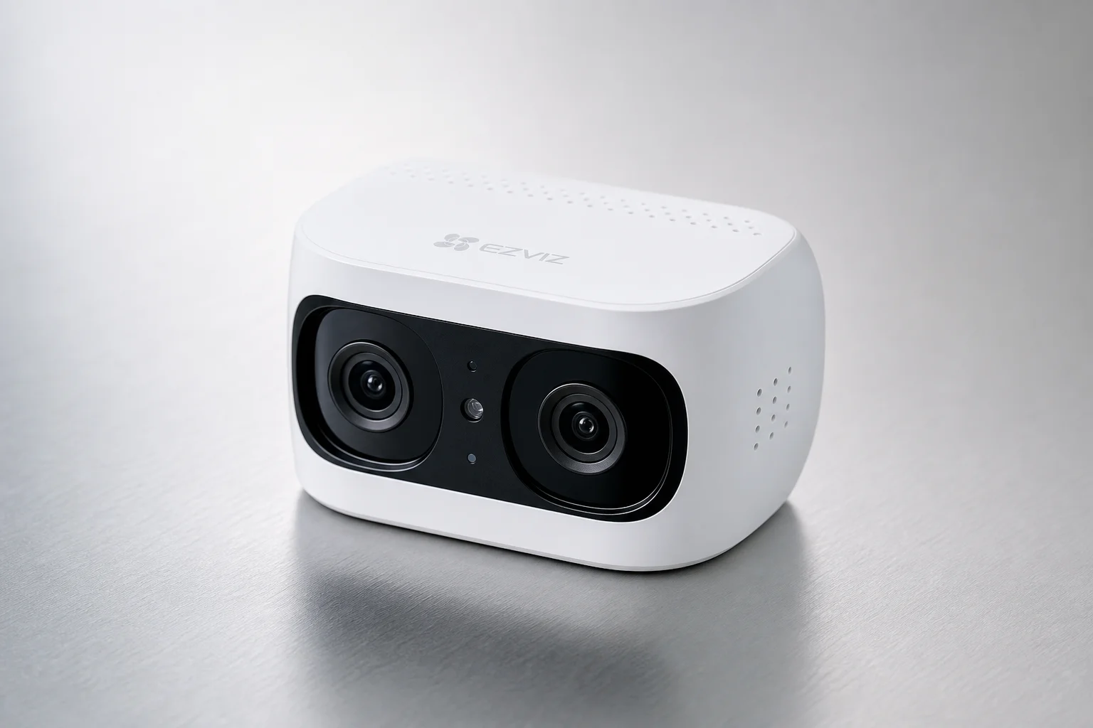 四款安全監控產品排列在水泥地上：Ezviz 雙鏡頭攝影機、D-Link 交換器、Hikvision NVR 以及 Imou 攝影機