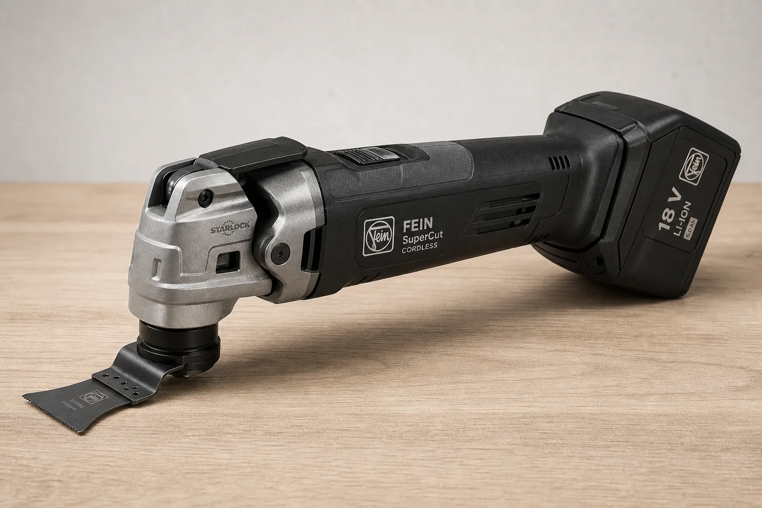 Five cordless oscillating multi-tools arranged in a row on neutral backdrop