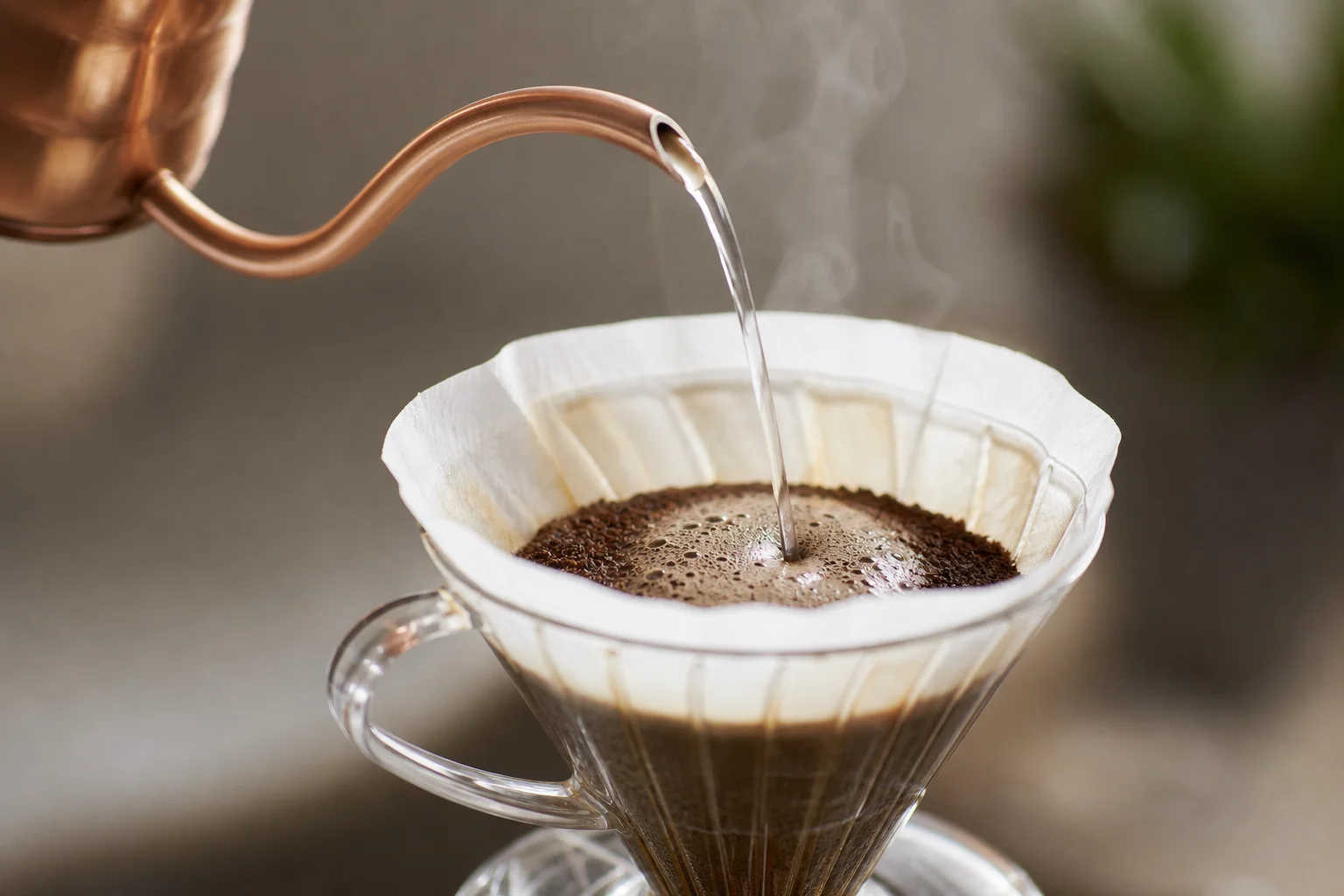 Close-up of water pouring into a V60 pour-over dripper with steam rising