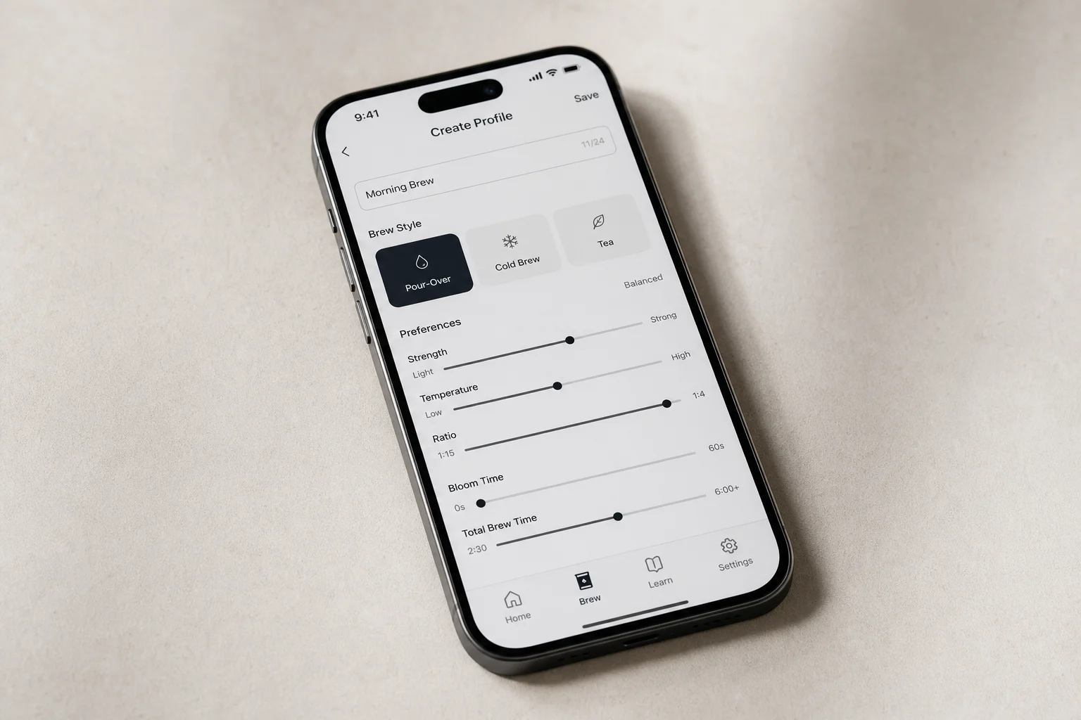 智慧型手機顯示 Fellow App 的沖煮參數設定介面