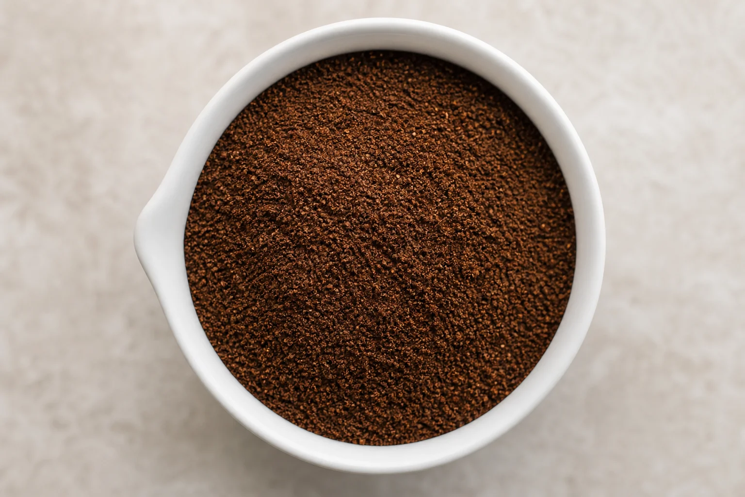 Freshly ground coffee particles in a dosing cup