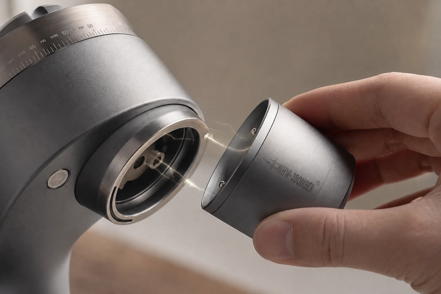 Hand positioning dosing cup with magnetic attachment to grinder