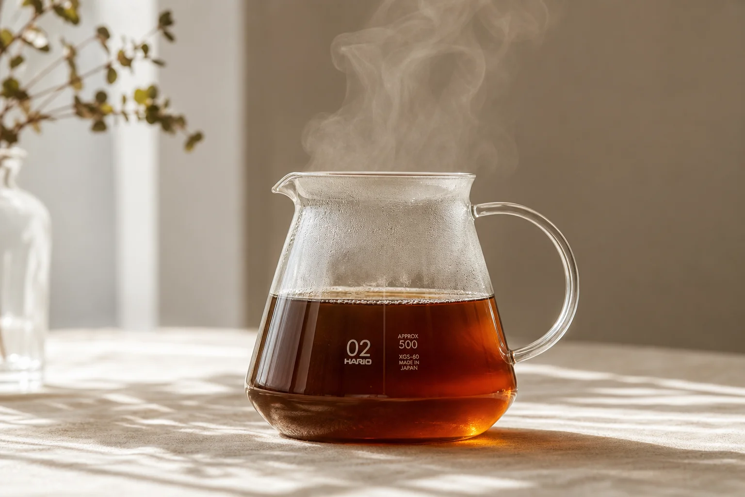 Finished pour-over coffee in a glass carafe with golden-brown liquid