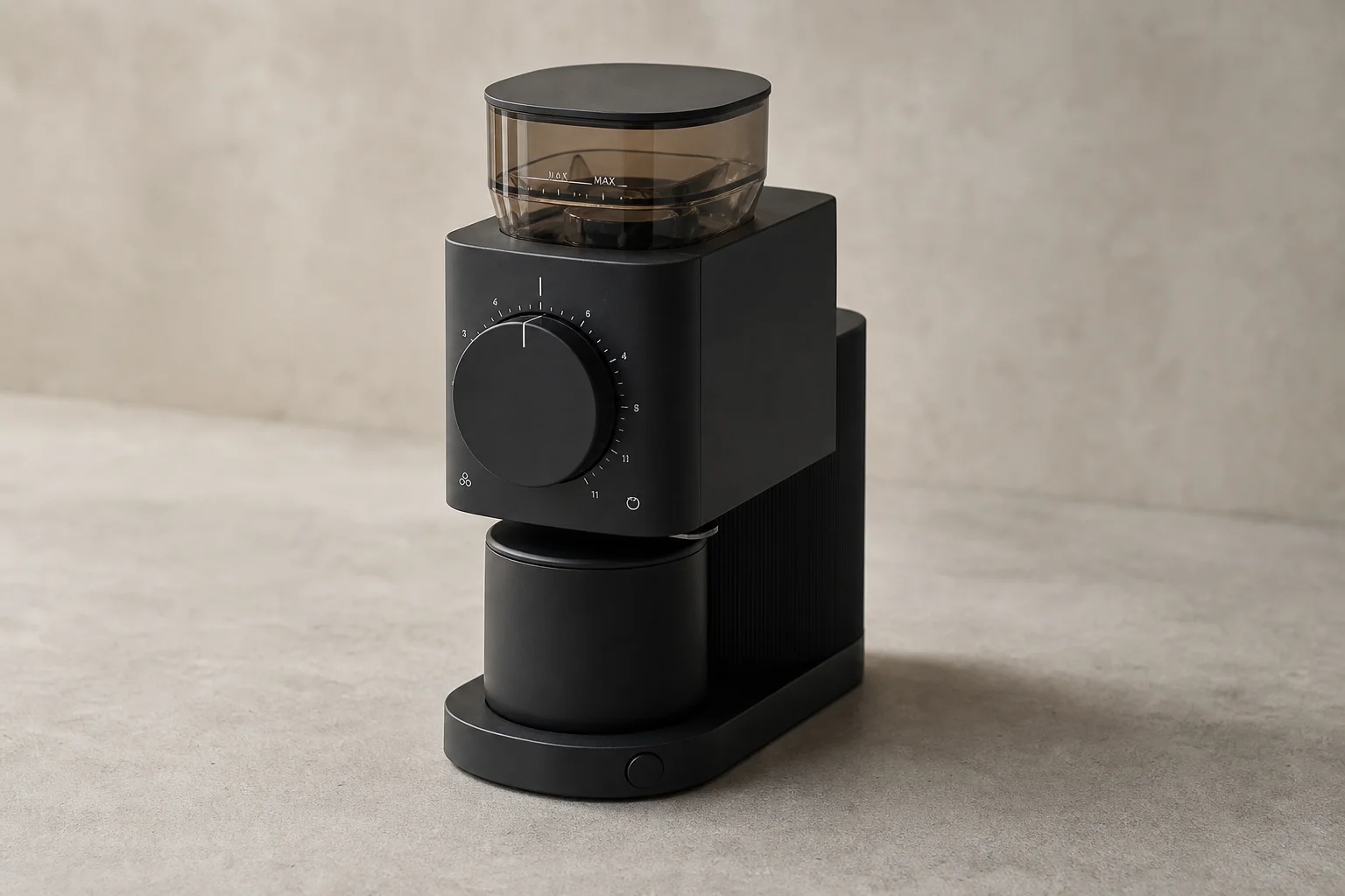 Fellow Ode 2 grinder on matte concrete surface with soft studio lighting