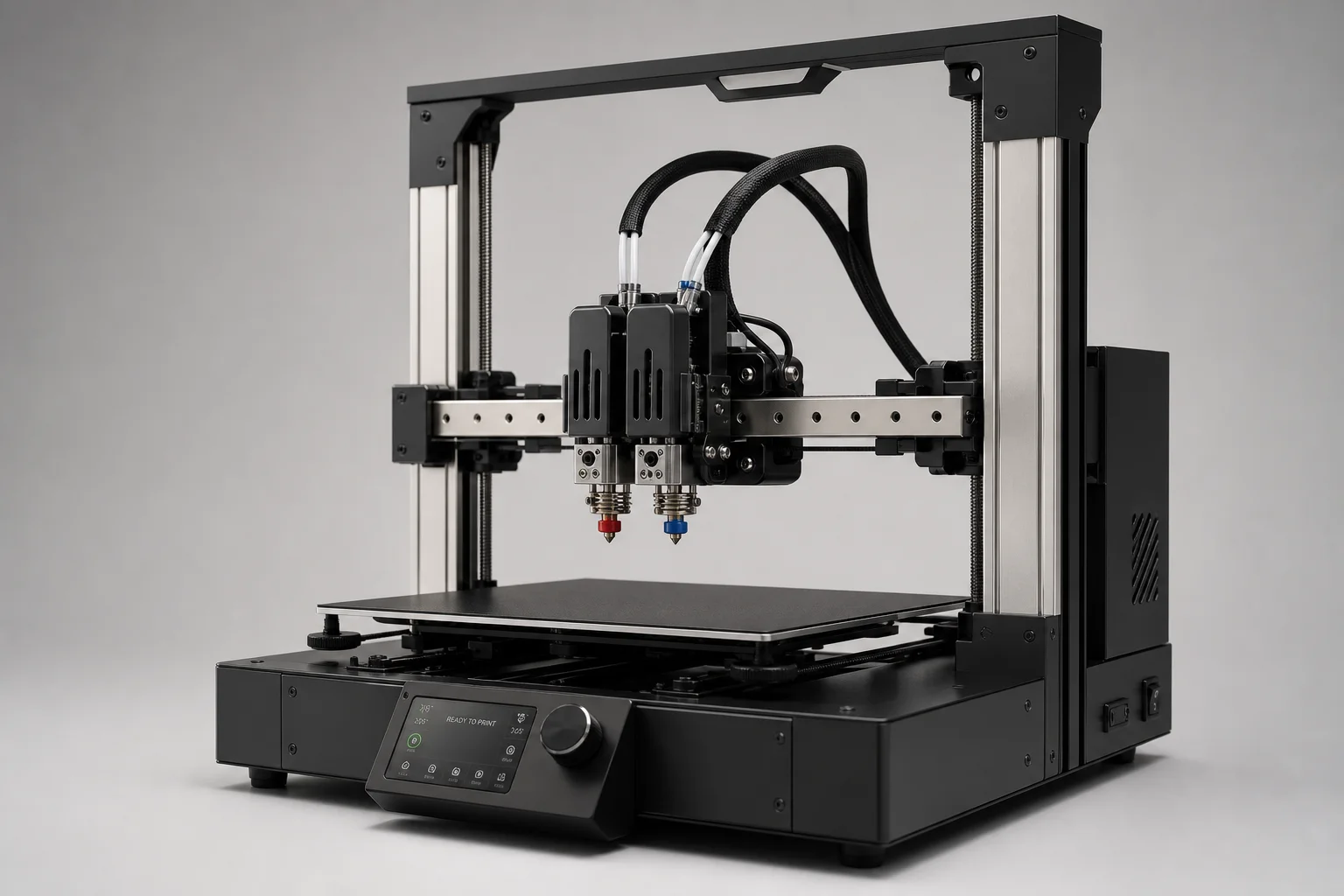 Station de travail d'impression 3D avec tête d'impression multi-outils, bobines de filament avancées et machine de moulage métallique