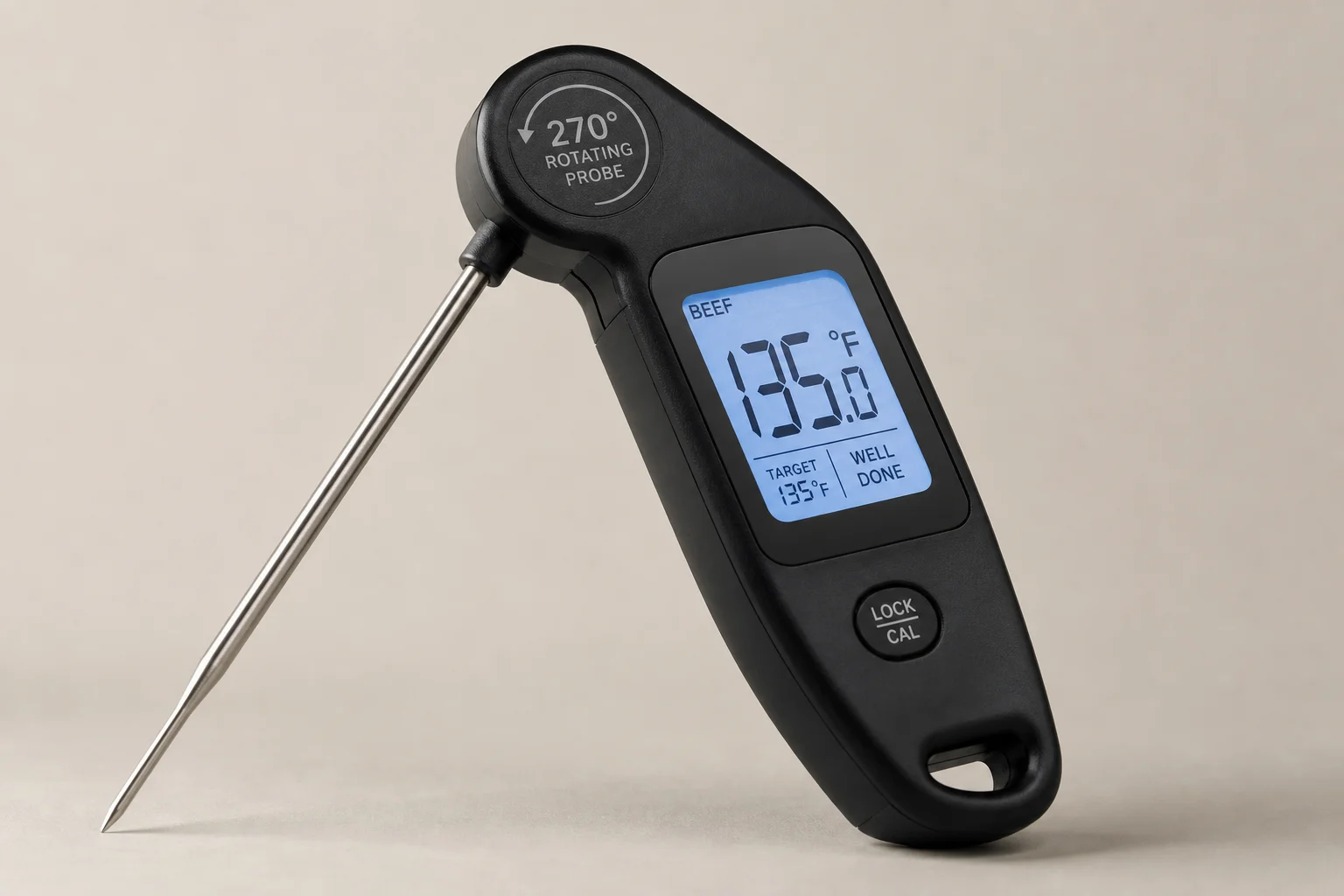 Five meat thermometers arranged diagonally from budget to premium models on concrete