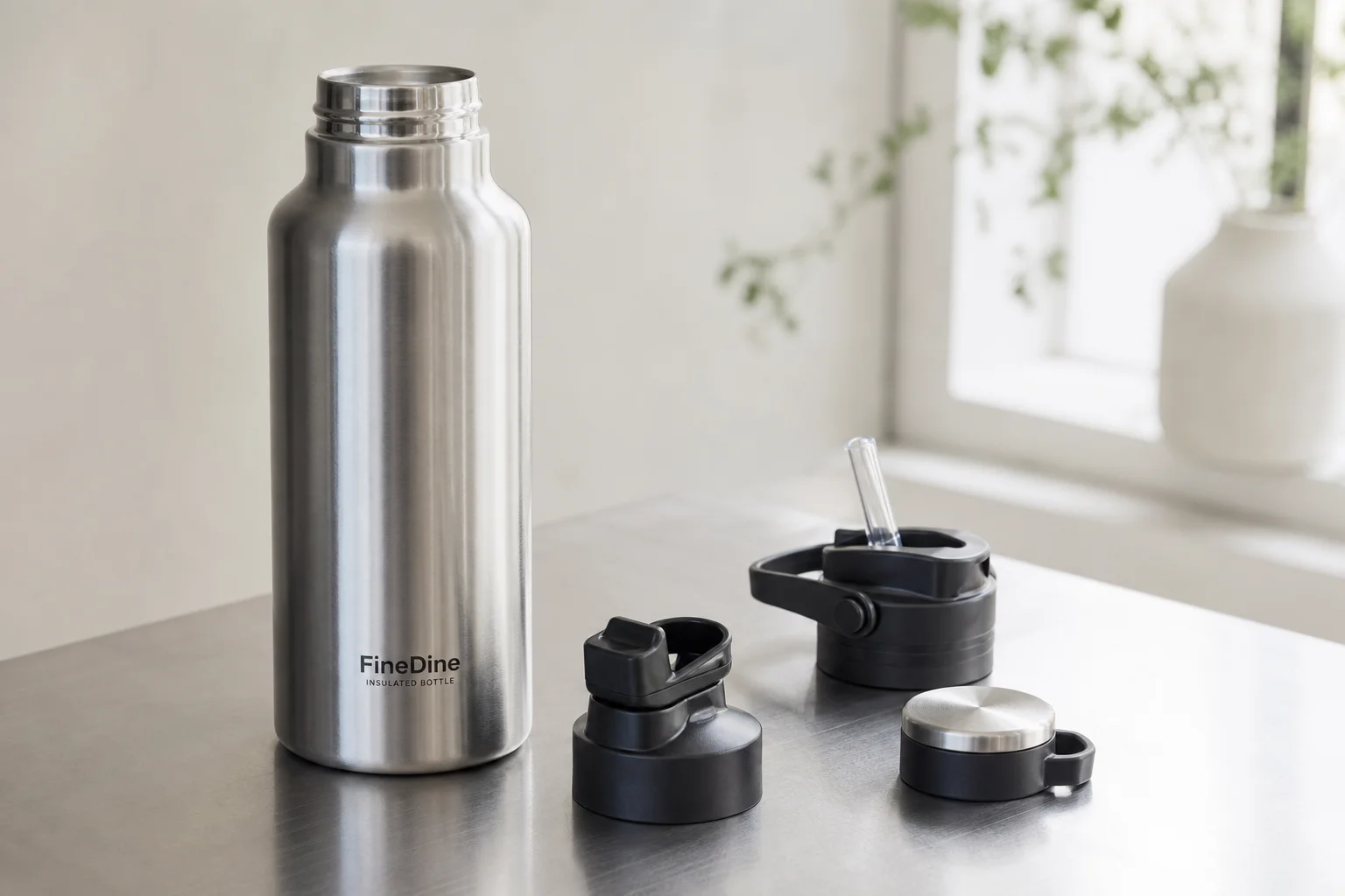 Collection of ten insulated bottles and travel mugs displayed on concrete surface