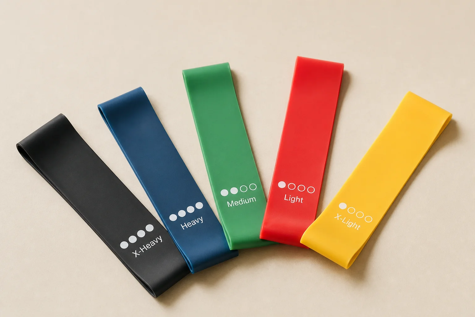 Five resistance band sets displayed on concrete surface showing different styles and colors