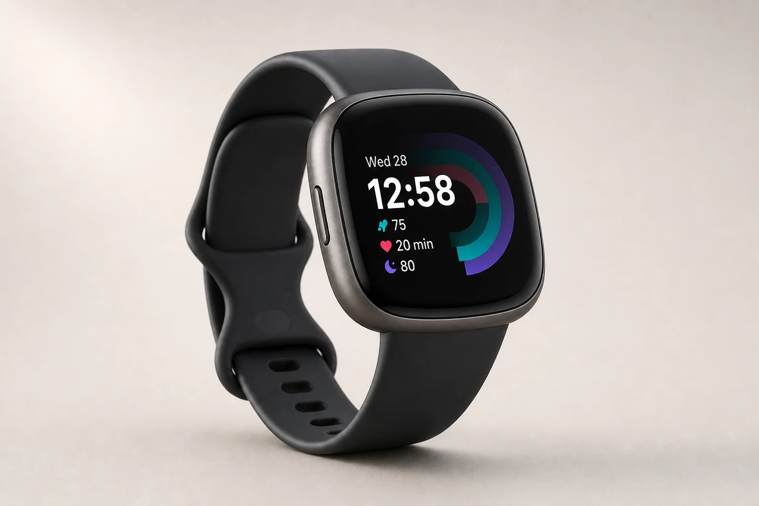 Seven running smartwatches arranged on concrete surface showing different designs and brands