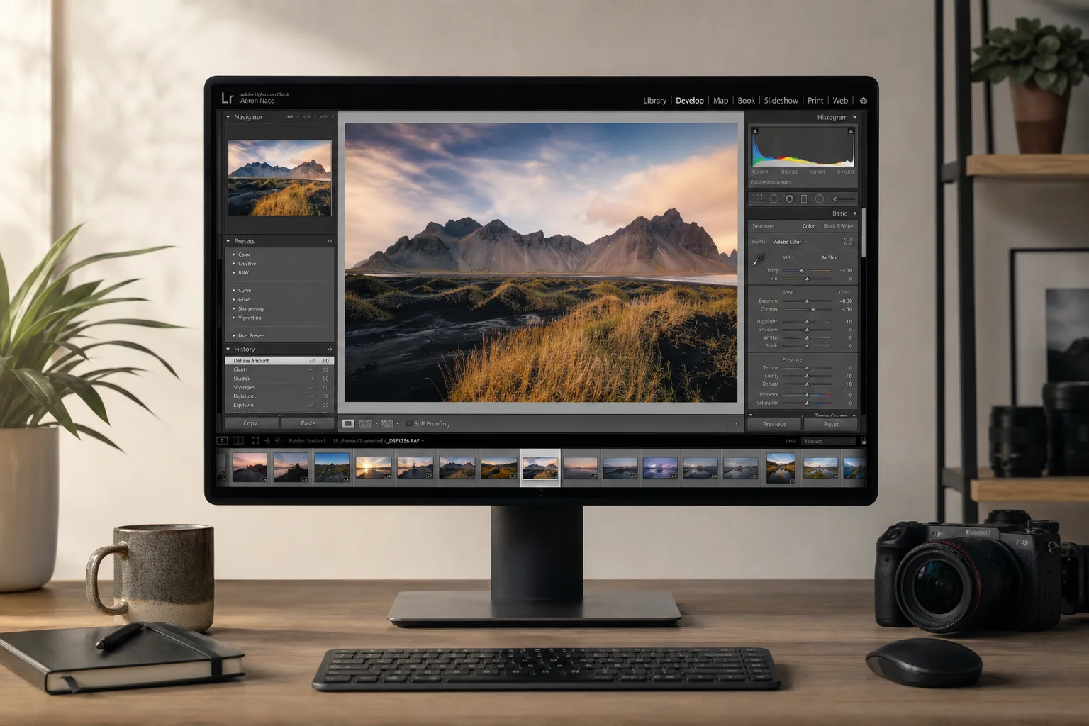 桌上型電腦螢幕上的 Adobe Lightroom 修圖介面，顯示風景照片與調整滑桿