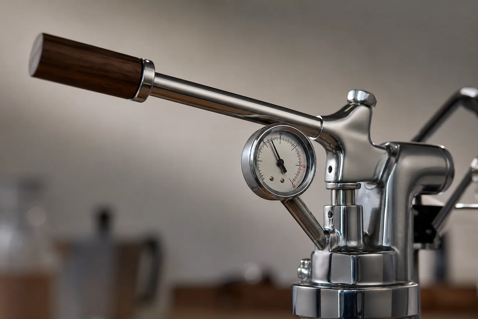 Close-up of manual espresso lever arm with pressure gauge during extraction
