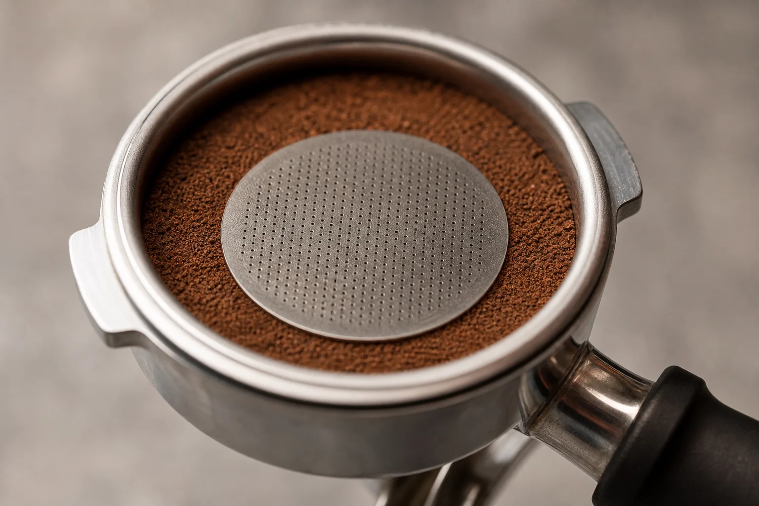 Metal puck screen on tamped espresso grounds in portafilter basket