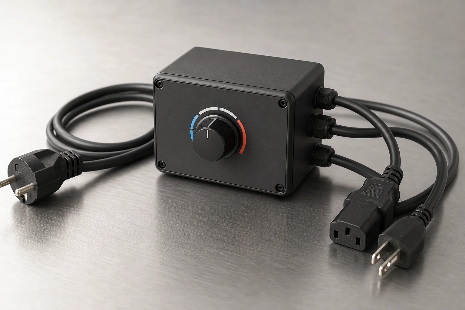 Control box with three-position dial and power cables on work surface