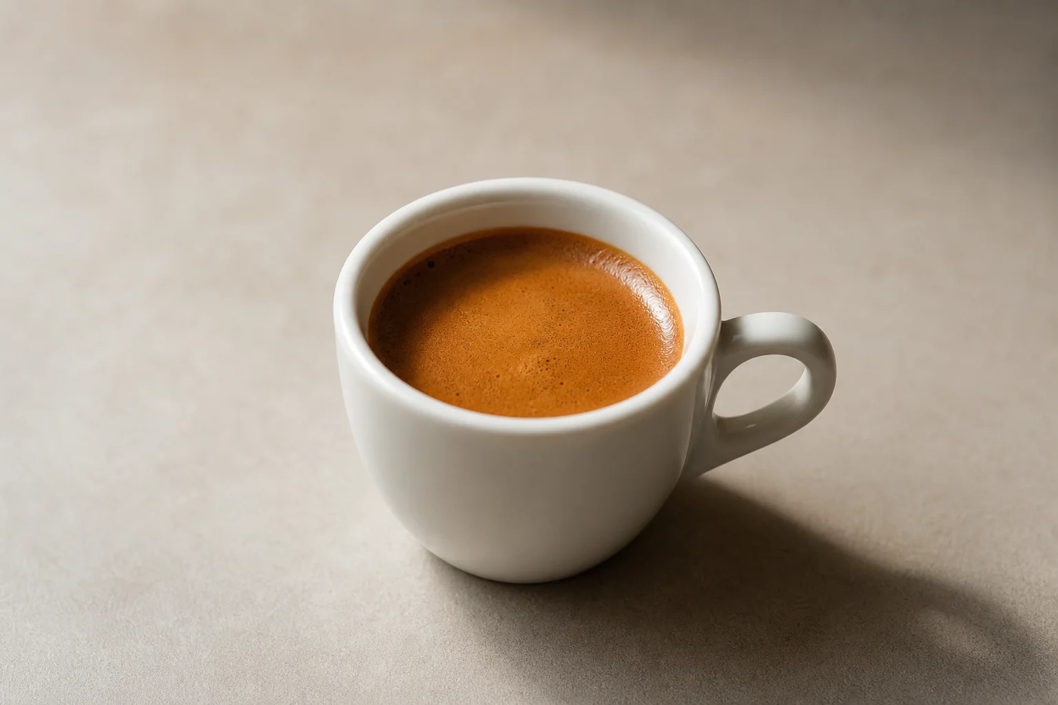Freshly pulled espresso shot with rich crema in white cup