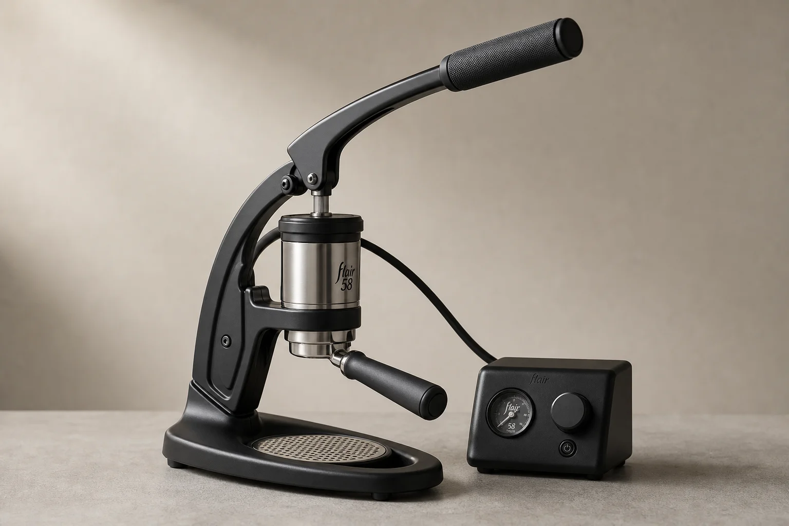 Flair 58 manual lever espresso machine with control box on concrete surface