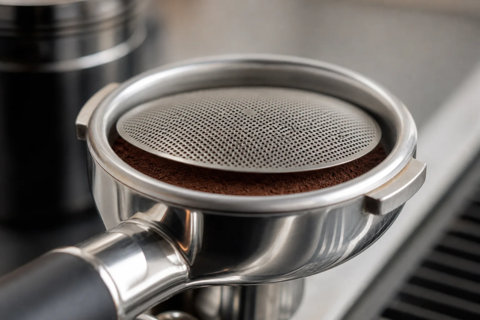 Close-up of espresso puck screen disc sitting atop tamped coffee grounds in a basket